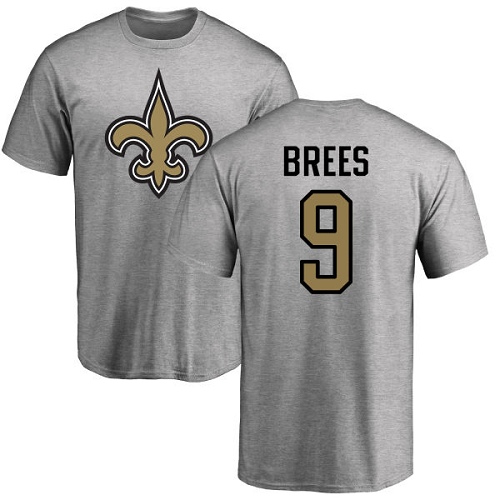 Men New Orleans Saints Ash Drew Brees Name and Number Logo NFL Football #9 T Shirt->new orleans saints->NFL Jersey